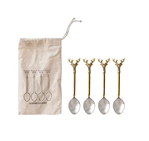 Creative Co-Op Stainless Steel and Brass Spoons with Gold Finish Reindeer Handles, Set of 4 in Printed Drawstring Bag | Amazon (US)