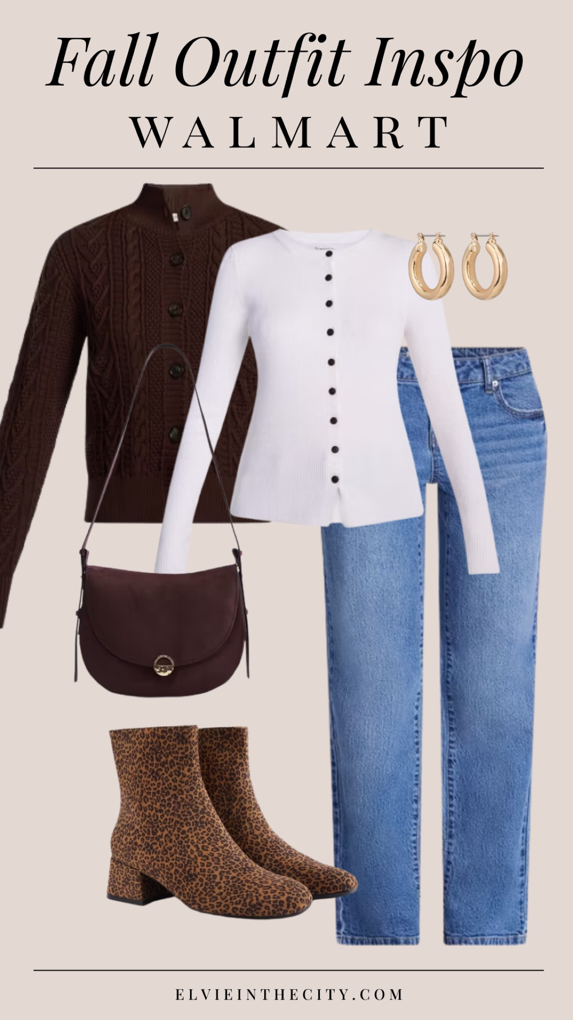 Fall outfit inspo from Walmart includes a button up long sleeved ribbed crewneck paired with a brown cardigan sweater, straight leg jeans, a brown crossbody bag, leopard print ankle boots, and gold earrings.

Ootd, fashion over 40, over 50 style, fall outfit idea, affordable fashion, walmart fashion

#LTKootd #LTKOver40 #LTKPetite