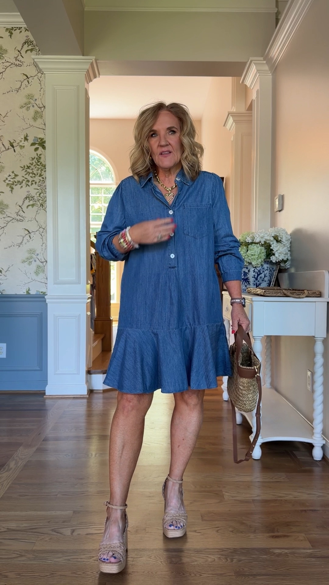 Lightweight chambray dress size medium and it’s 30% off this weekend. 
Shoes and tote also from Avara! 

Summer dress

#LTKSaleAlert #LTKOver40 #LTKootd