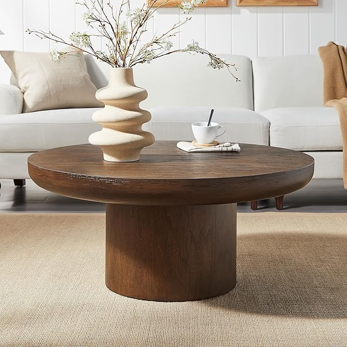 Round Wooden Coffee Table; Cylindrical Pedestal, Drum Farmhouse Cocktail/Tea Table; Easy Assembly | Amazon (US)