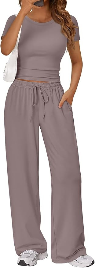 Trendy Queen 2 Piece Matching Summer Sweatsuit Lounge Set Womens Wide Leg Pants Side Ruching Crop... | Amazon (US)