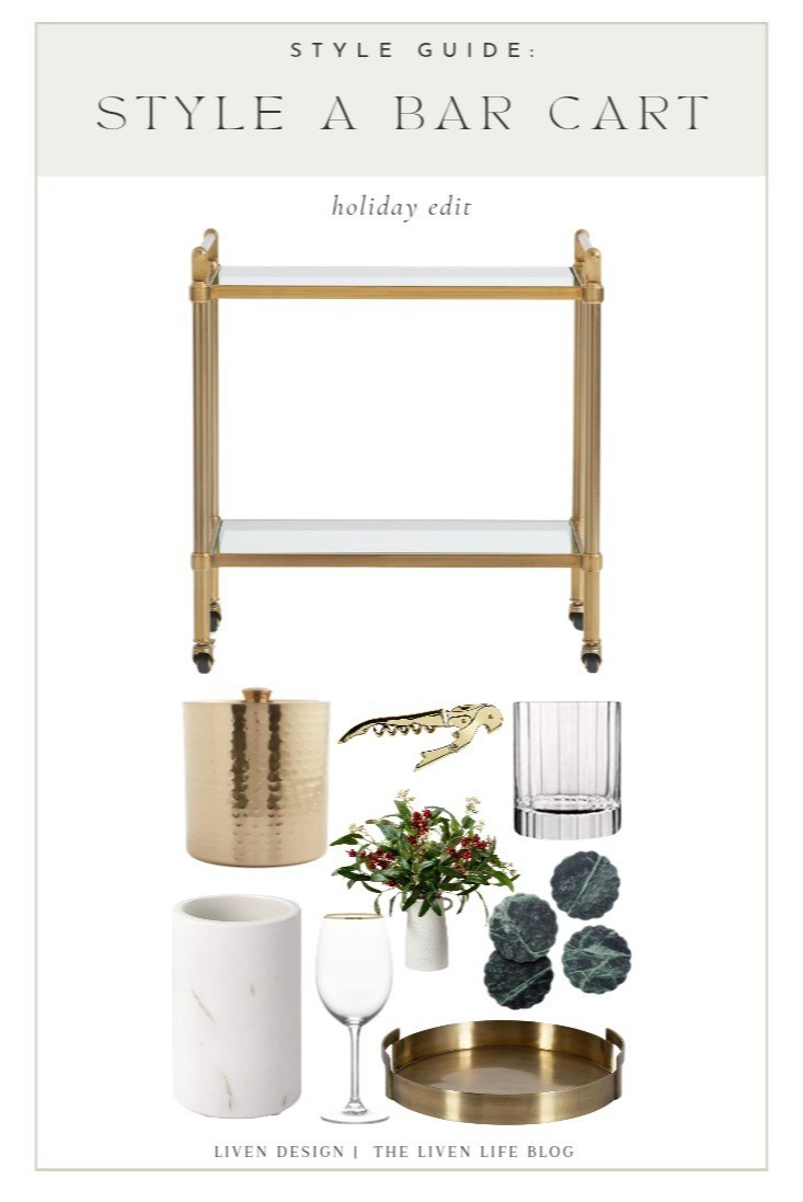 Holiday bar cart styling. How to guide. Holiday party. Home bar. Wood bar cart. Barware. Gift for cocktail lover. Cocktail picks. Brown wine glasses. Cocktail shaker. Cocktail glasses. Bar tray. Bar tools. Mixologist. Entertaining. Christmas party. Cocktail napkins. Christmas berry stems. Ceramic vase. Gold Bar cart. Ice bucket. Wine glasses gold rim. Old fashioned glasses. Green marble coasters. 

#LTKHoliday #LTKSeasonal #LTKHome