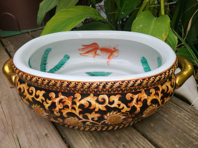 Vintage Chinese Porcelain 18" Chinoiserie Koi & Pond Plants Foot Bath GOLD BLACK | eBay US