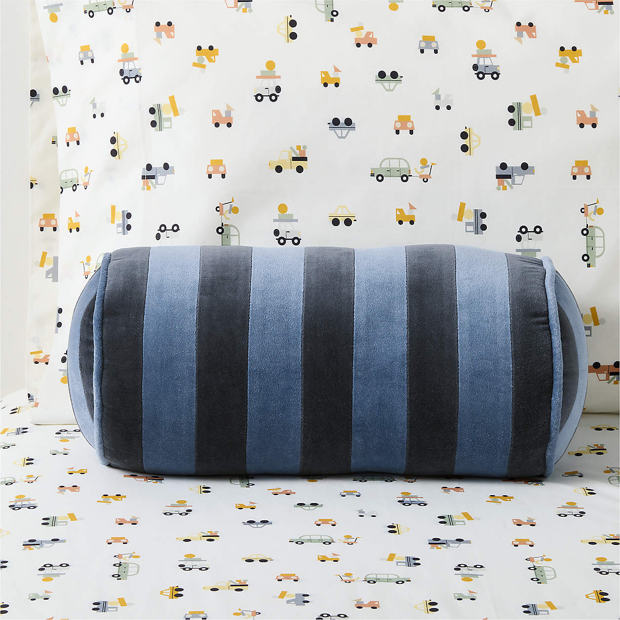 Blue Harriet Stripe Velvet Kids Bolster Pillow + Reviews | Crate & Kids | Crate & Barrel