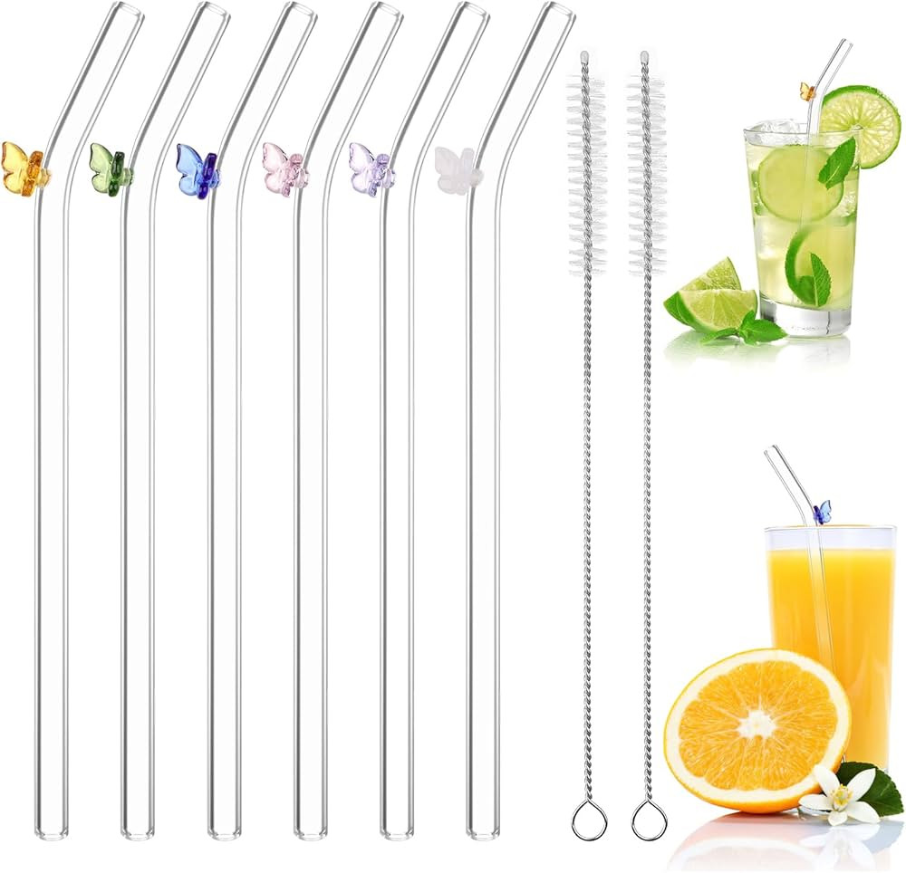 Glass Straw, Reusable Glass Straws Drinking, 6pcs Bent Straws with 2pcs Cleaning Brush, Clear Gla... | Amazon (UK)