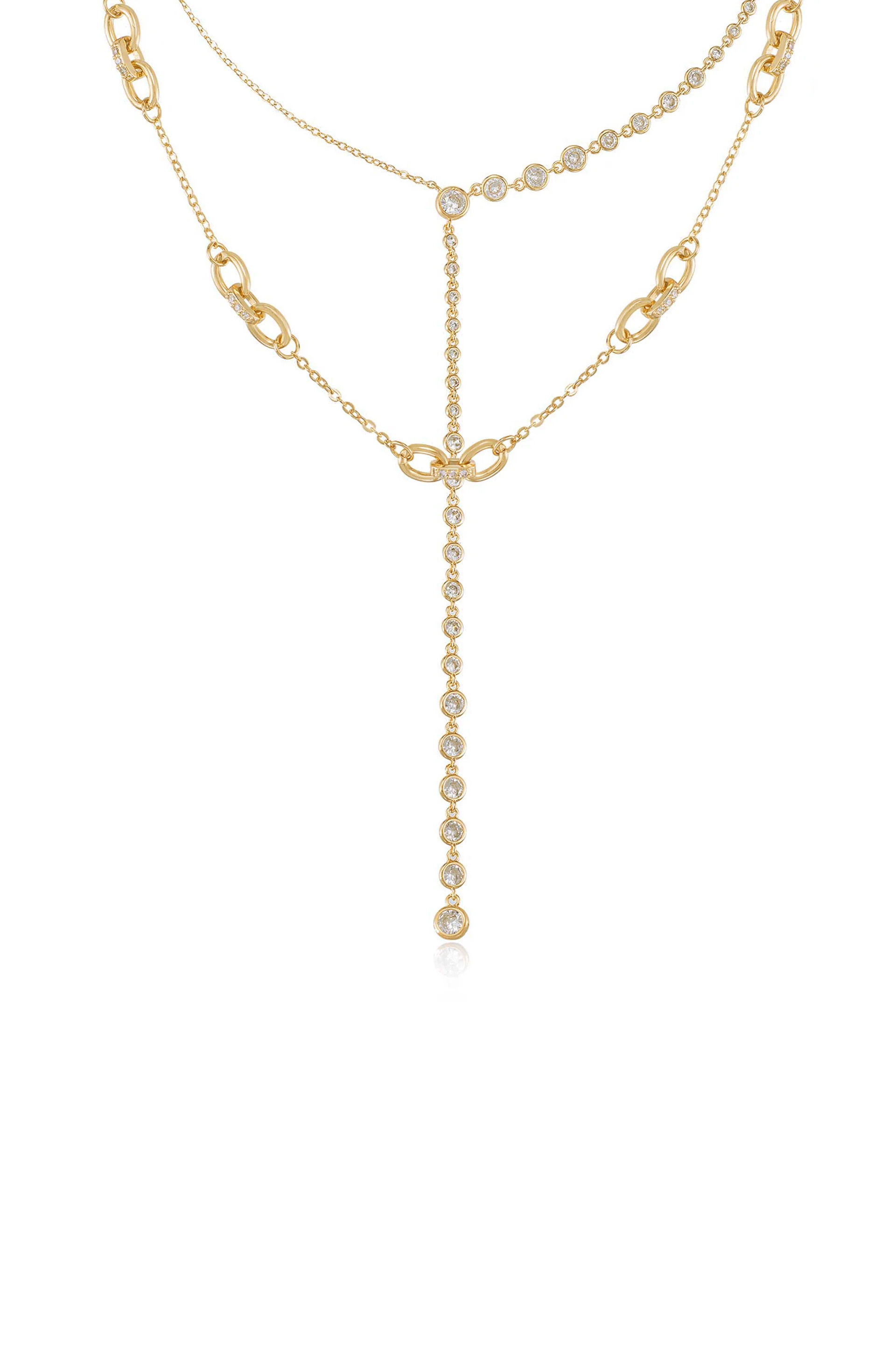 Asymmetrical Crystals Lariat 18k Gold Plated Necklace Set | Ettika