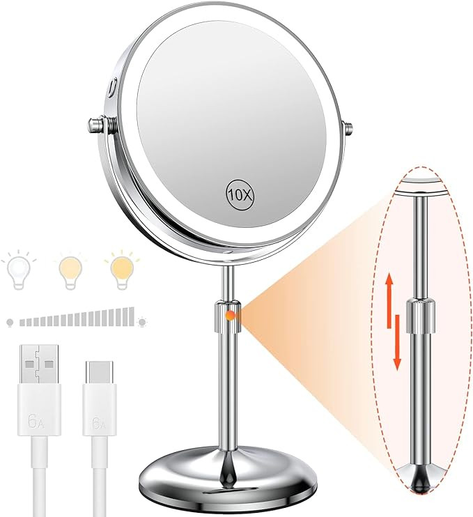 Benbilry Lighted Makeup Mirror with 10X Magnification & 3 Color Lights, Adjustable Brightness & H... | Amazon (US)