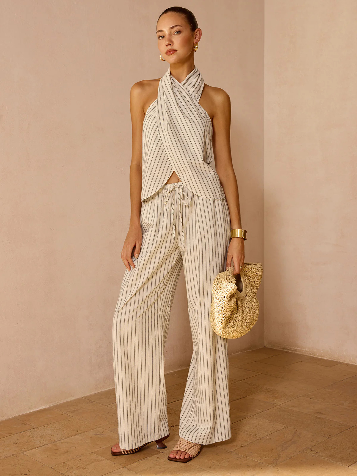 Striped Cotton Linen Halter Top & Pant Set | Commense