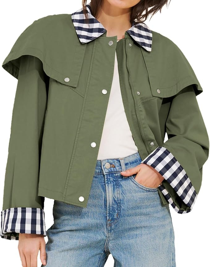 Women’s Gingham Trim Cape Jacket Lightweight Cotton Cropped Trench Coat with Snap Button and Co... | Amazon (US)