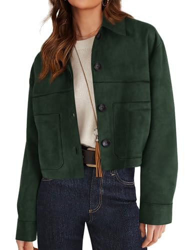 PRETTYGARDEN Women's Faux Suede Cropped Jacket Casual Lightweight Fall Fashion 2025 Winter Coats Outerwear Trendy Clothes (Dark Green,X-Large) | Amazon (US)