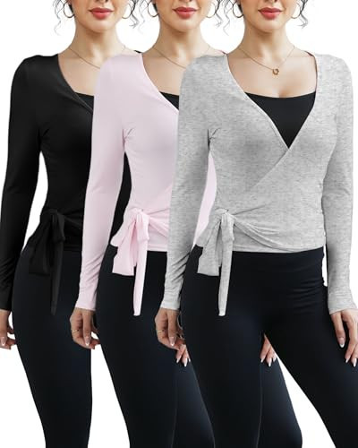 Simlakey 3 Pack Women Ballet Pilates Wrap Tops Y2K Workout Yoga Shirts Dance Long Sleeve Tie Front Crop Tops(Black, Pink, Gray,S) | Amazon (US)