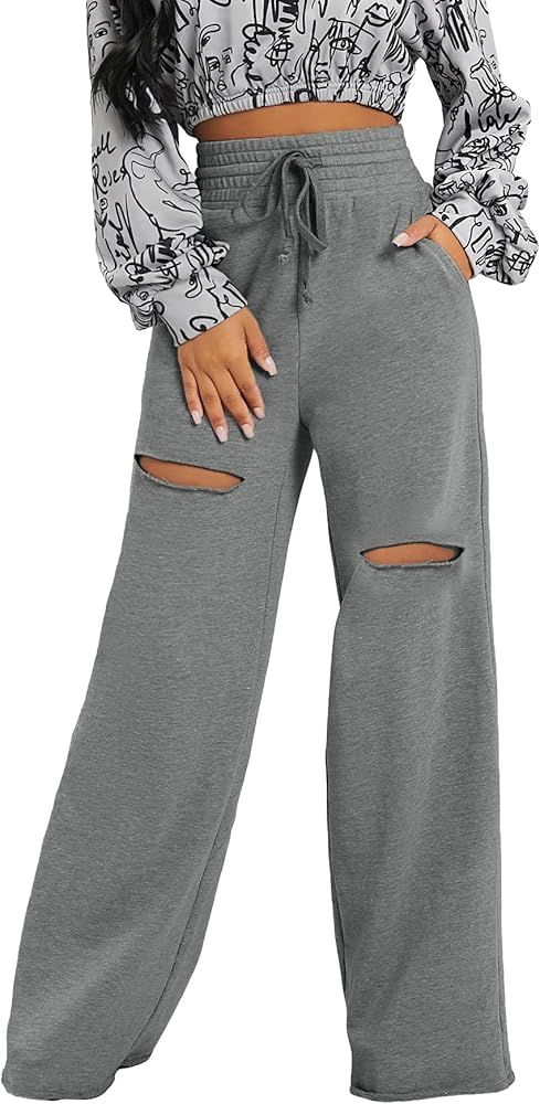 MakeMeChic Women's Casual High Waisted Drawstring Loose Wide Leg Sweatpants Ripped Pants | Amazon (US)