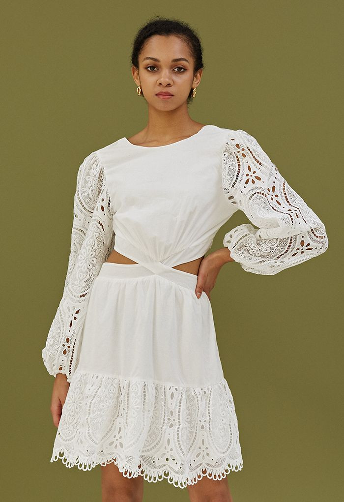 Crochet Bubble Sleeve Cutout Waist Mini Dress in White | Chicwish