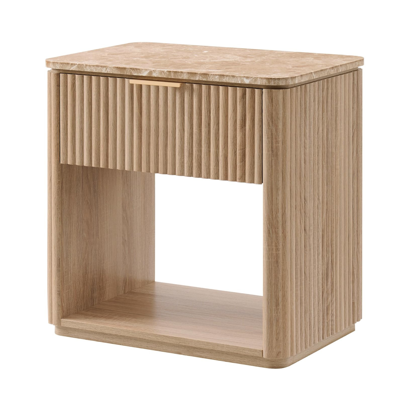 Fluted Night Stand, 23" W Nightstand with Drawer, Wood Bed Side Table with Faux Marble-Top, Curved Profile Design, Metal Handle, Modern Bedside Table for Bedroom, Living Room End Table, Natural Oak | Amazon (US)