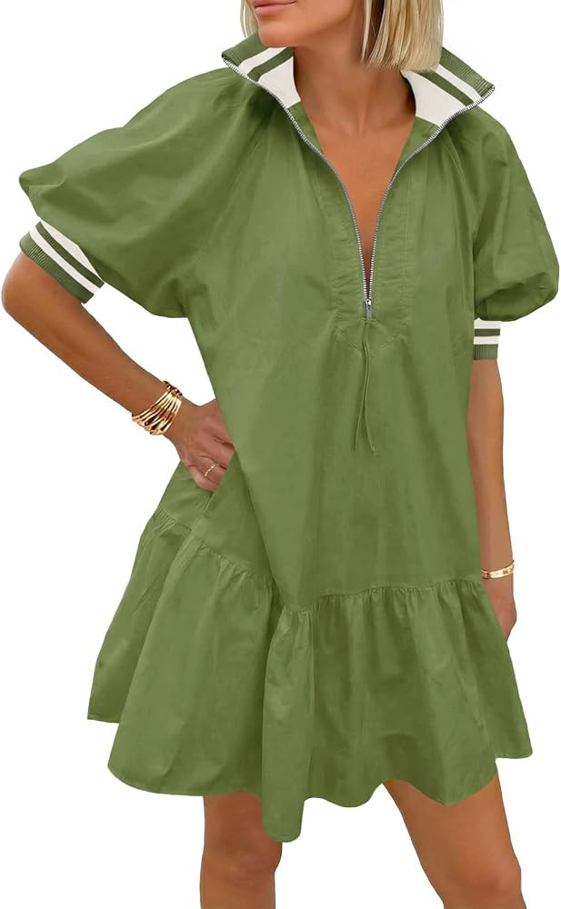 Wenrine Women Short Puff Sleeve Dress Half Zip V Neck Collar Summer Casual Color Block Sweatshirt... | Amazon (US)