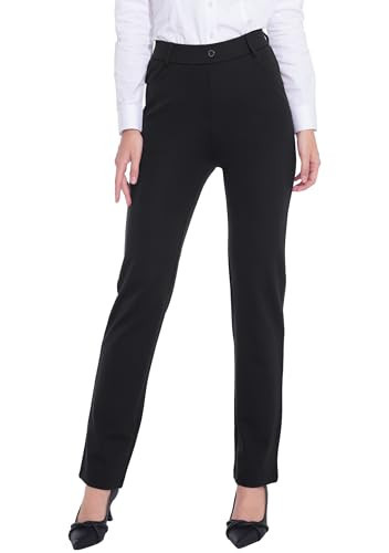 ZTN Women's Black Work Pants Stretchy Straight Leg Slacks 4 Pockets Belt Loops Office Business Casual L | Amazon (US)