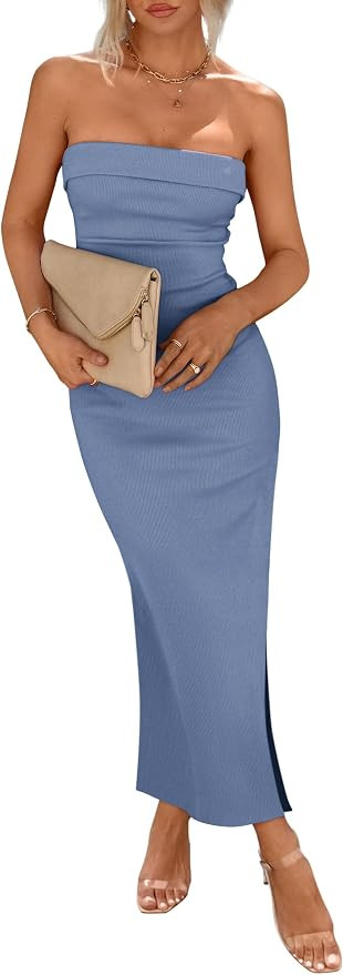 PRETTYGARDEN Women's Summer Bodycon Maxi Tube Dress Ribbed Strapless Side Slit Long Going Out Cas... | Amazon (US)