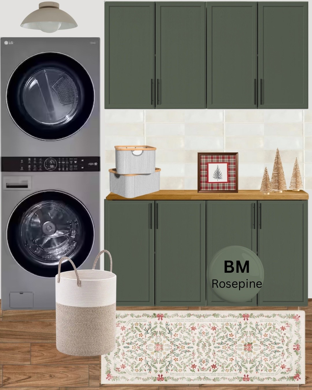 Laundry room inspiration, green cabinets, storage basket, stacked washer & dryer. Christmas decor, Christmas rug. #laundryroom #christmas 

#LTKHoliday #LTKmomlife #LTKHome