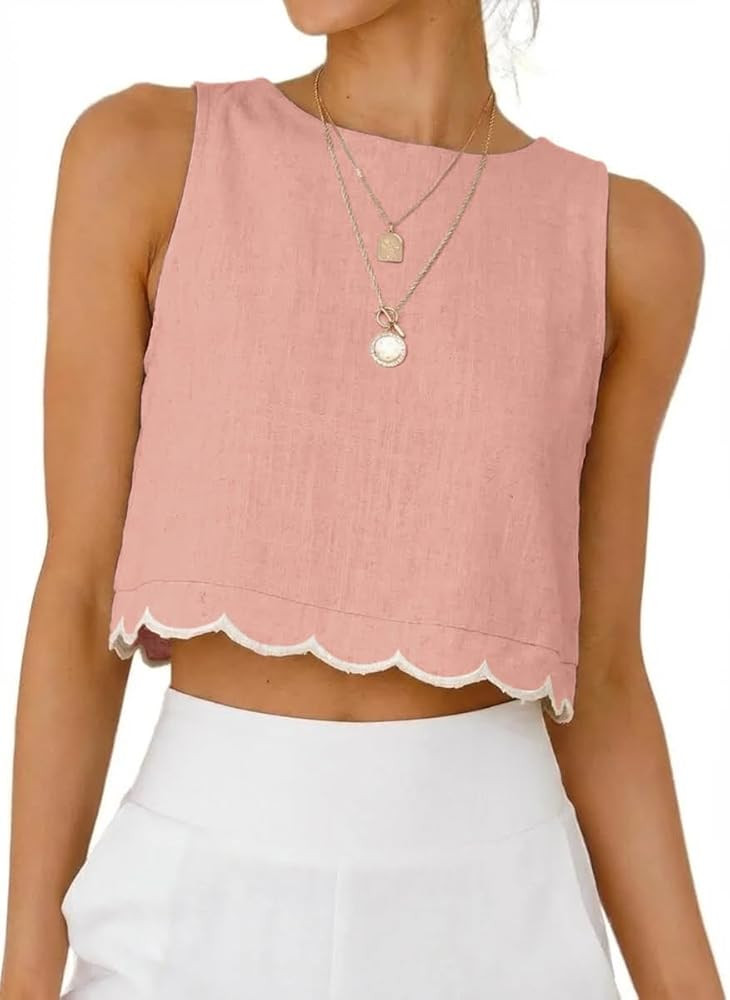 IDEALSANXUN Womens High Neck Linen Tank Tops Spring Summer Scallop Hem Cropped Sleeveless Shirts ... | Amazon (US)