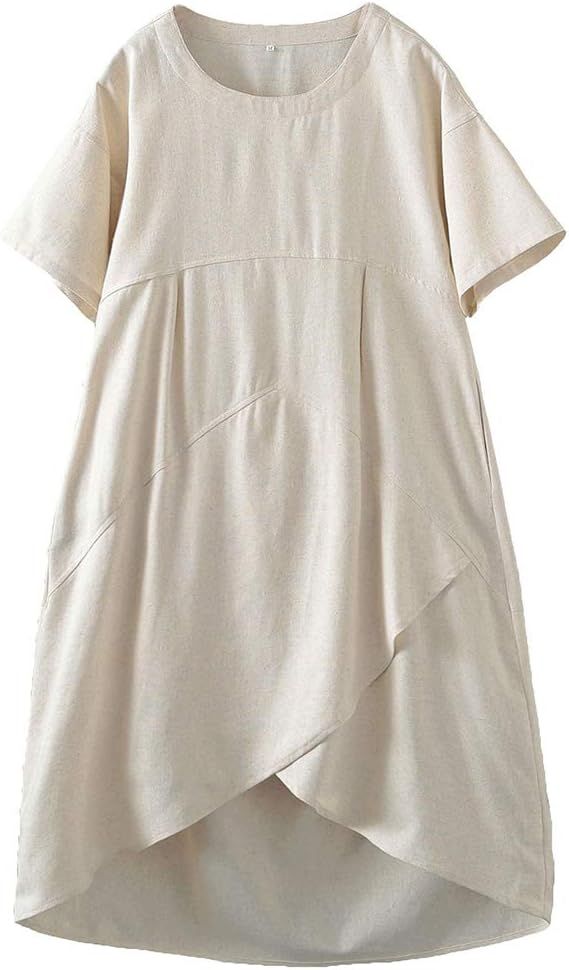 Tebreux Women's Linen Midi Dress Oversized Short Sleeve Sundress Baggy Tunic Dresses with Pockets | Amazon (US)