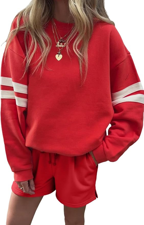 KevaMolly Womens Skirt Sets Varsity Stripe Detail Drop Shoulder Pullover Mini Skirt Set Casual Tw... | Amazon (US)