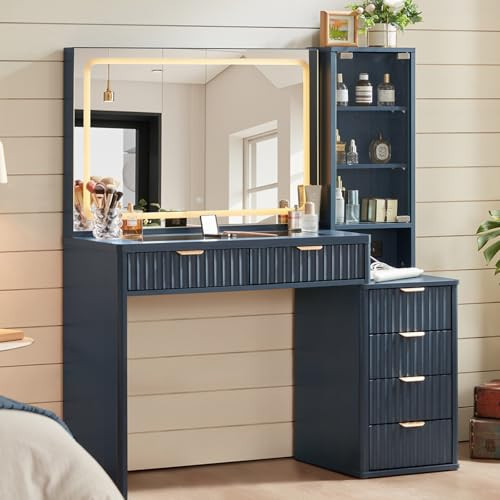 LEYAOYAO Vanity Desk with Mirror and Lights, 43.5'' Fluted Makeup Vanity with 6 Drawers and Adjustable Shelves, Navy Blue Make Up Vanity Wood Dressing Table with Glass Top and Power Outlet for Bedroom | Amazon (US)