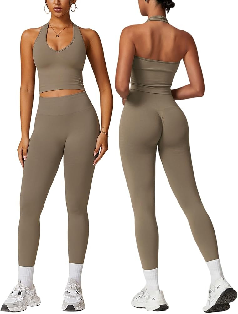 Workout Sets for Women 2 Piece Seamless Halter Tank Top Scrunch Butt Lifting High Waist Leggings ... | Amazon (US)