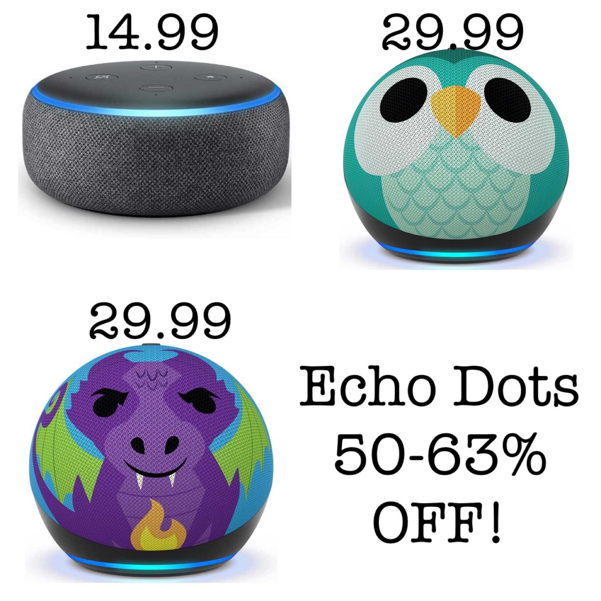Amazing deals on Echo Dots!!! 50-63% OFF! #blackfriday

#LTKsalealert #LTKHoliday #LTKGiftGuide