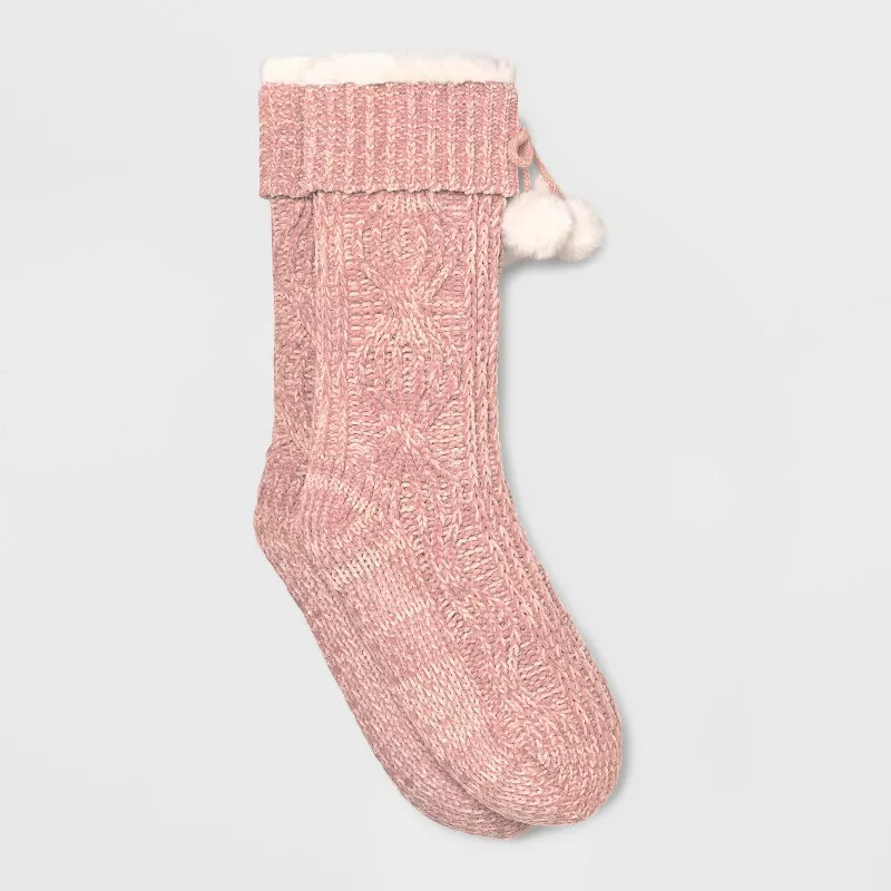 Women's Two-Tone Cable Chenille Faux Shearling Lined Slipper Socks with Faux Fur Poms & Grippers ... | Target
