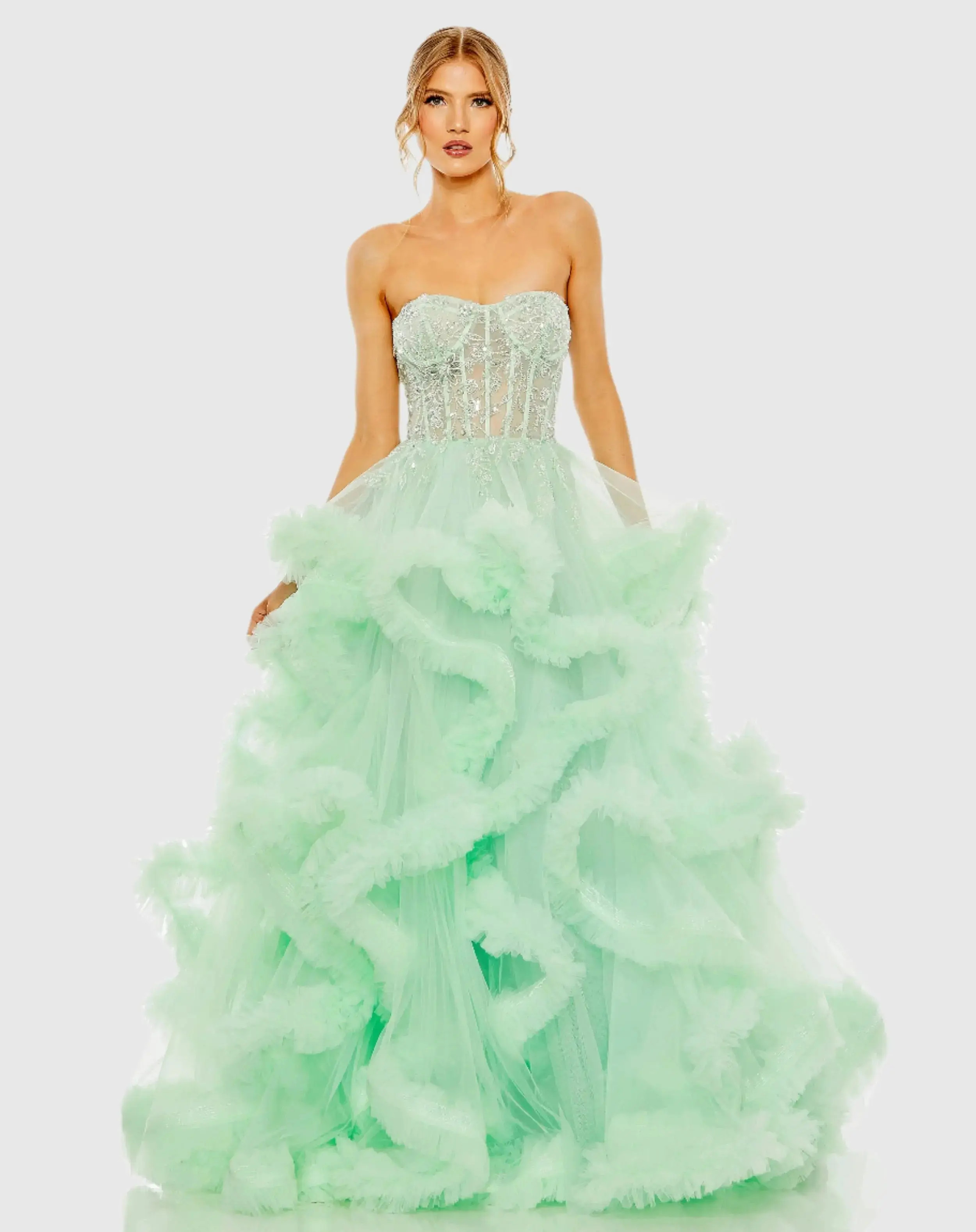 Mac Duggal - Green Strapless Corset Detail Tulle Layered Gown - US 4 | Mac Duggal