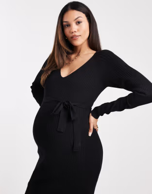 Vero Moda Maternity rib knitted long sleeve midi dress with belt detail in black | ASOS (Global)