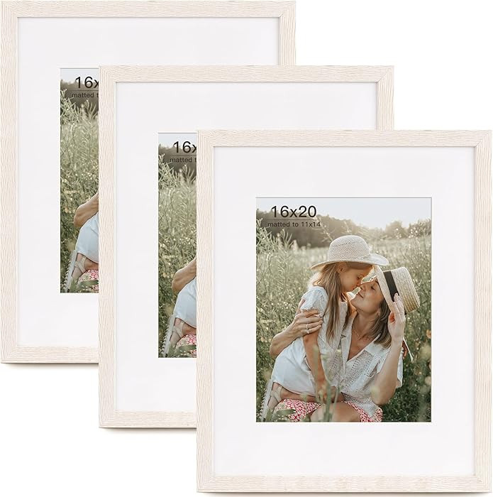16x20 Picture Frame with Mat for 11x14 Set of 3, Rustic White Wood Grain 16x20 Frames for Wall Mo... | Amazon (US)
