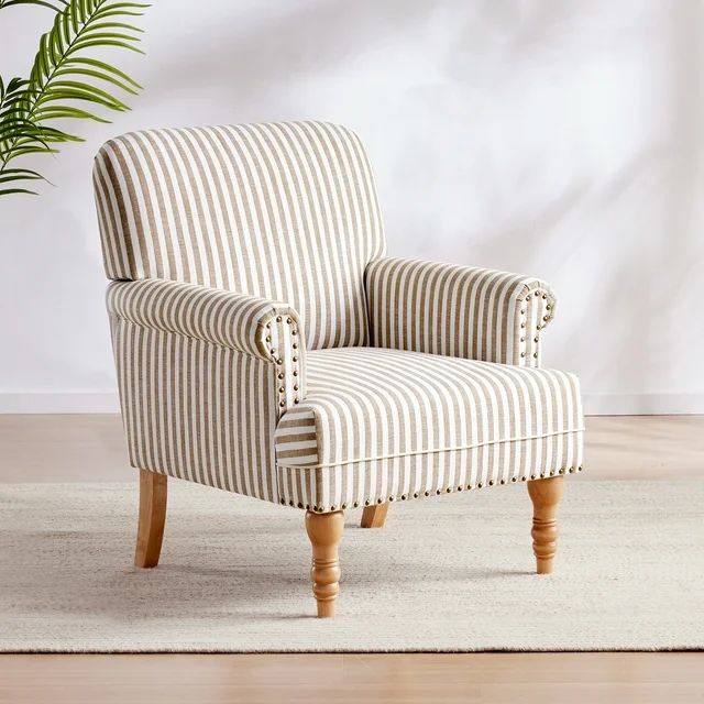 HUIMO Upholstered Accent Chair, Linen Fabric Armchair Brown and White Stripe Woven,Mid Century Mo... | Walmart (US)