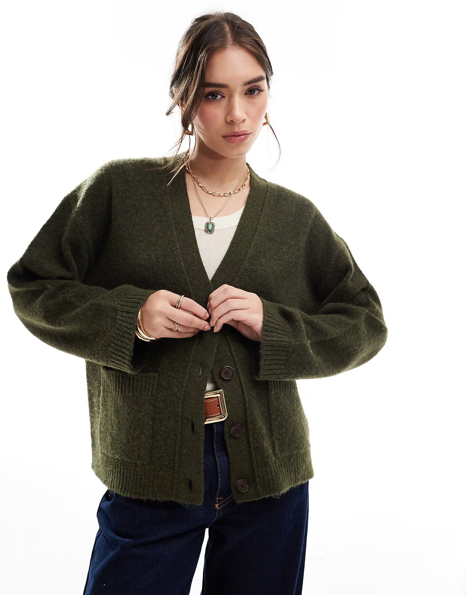 ASOS DESIGN boxy cardigan with v neck and pocket detail in khaki | ASOS (Global)