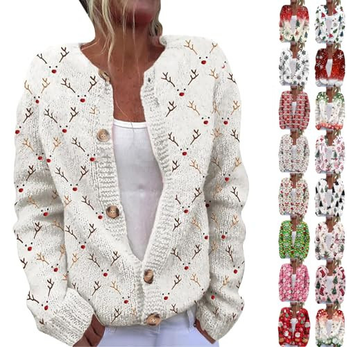 Christmas Sweater for Women Plus Size Button-Up Cardigan Sweaters Funny Cute Santa Print Xmas Sweater Winter Warm Cozy Cable Knit Cardigans Long Sleeves Casual Knitted Coat Ugly Christmas Sweaters | Amazon (US)