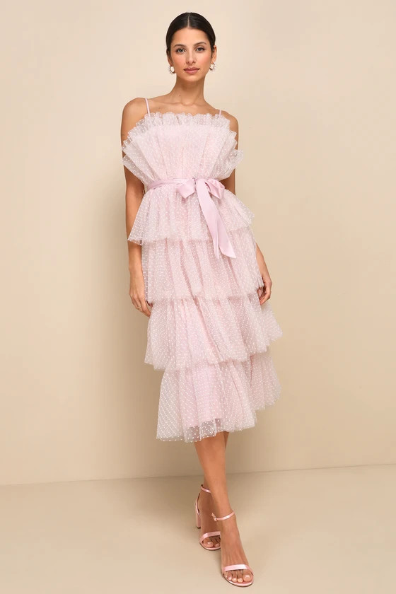 Wishing for Whimsy Blush Pink Midi Dress Tiered Dress Blush Dress Blush Pink Dress Light Pink Dress | Lulus