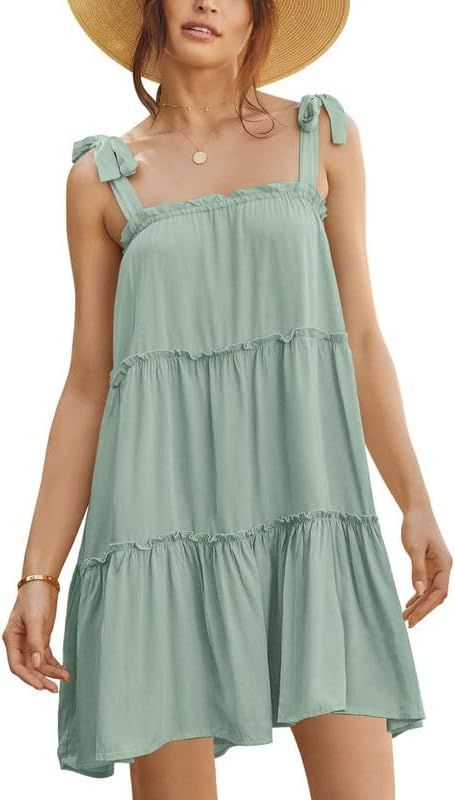Clarisbelle Women Summer Tie Strap Ruffle Flowy Babydoll Mini Dress | Amazon (US)