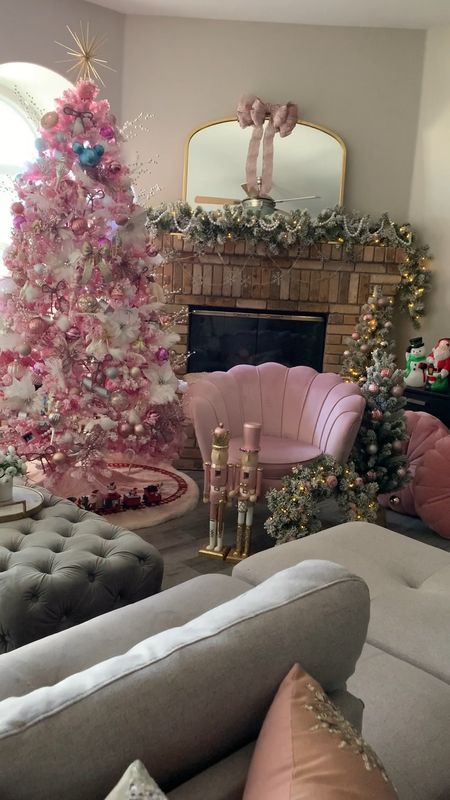 Pink Christmas decor - holiday home tour! Pink Christmas tree, garland, mini Christmas trees and wreath from King of Christmas #christmastree #Christmasdecor #holidaydecor

#LTKhome #LTKHoliday #LTKSeasonal