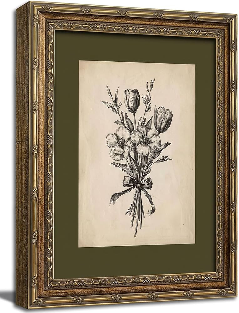 Gold Framed Wall Art Vintage Flower Sketch Wall Art Antique Sage Green Botanical Wall Decor Pictu... | Amazon (US)