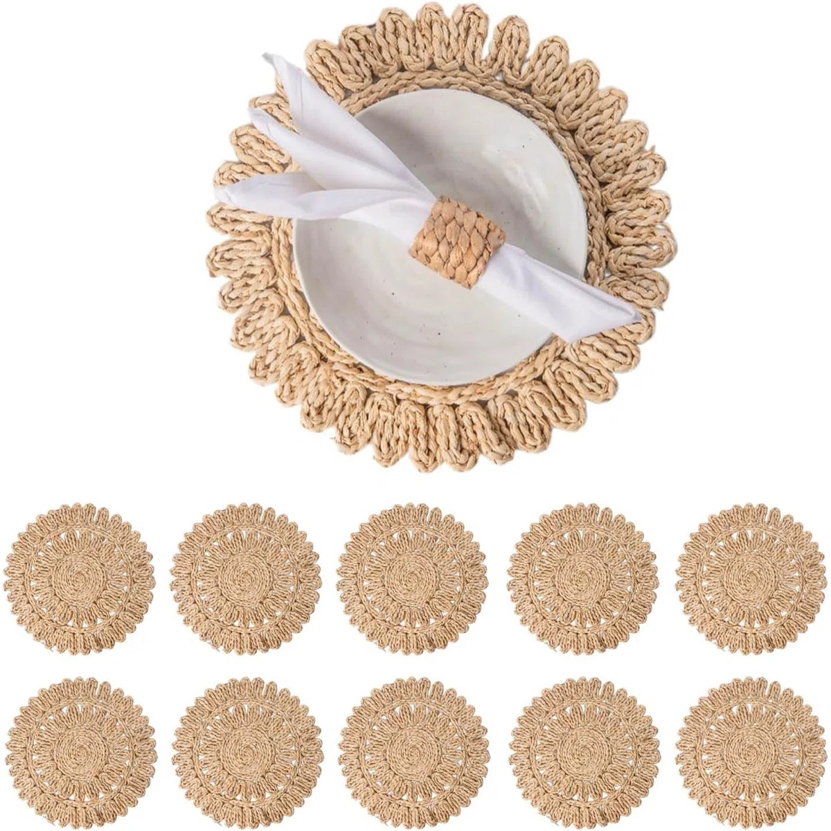Set Of 10 Round Corn Husk Placemats | Boho Woven Rattan Table Mats | Farmhouse Wicker Chargers Wi... | Wayfair North America