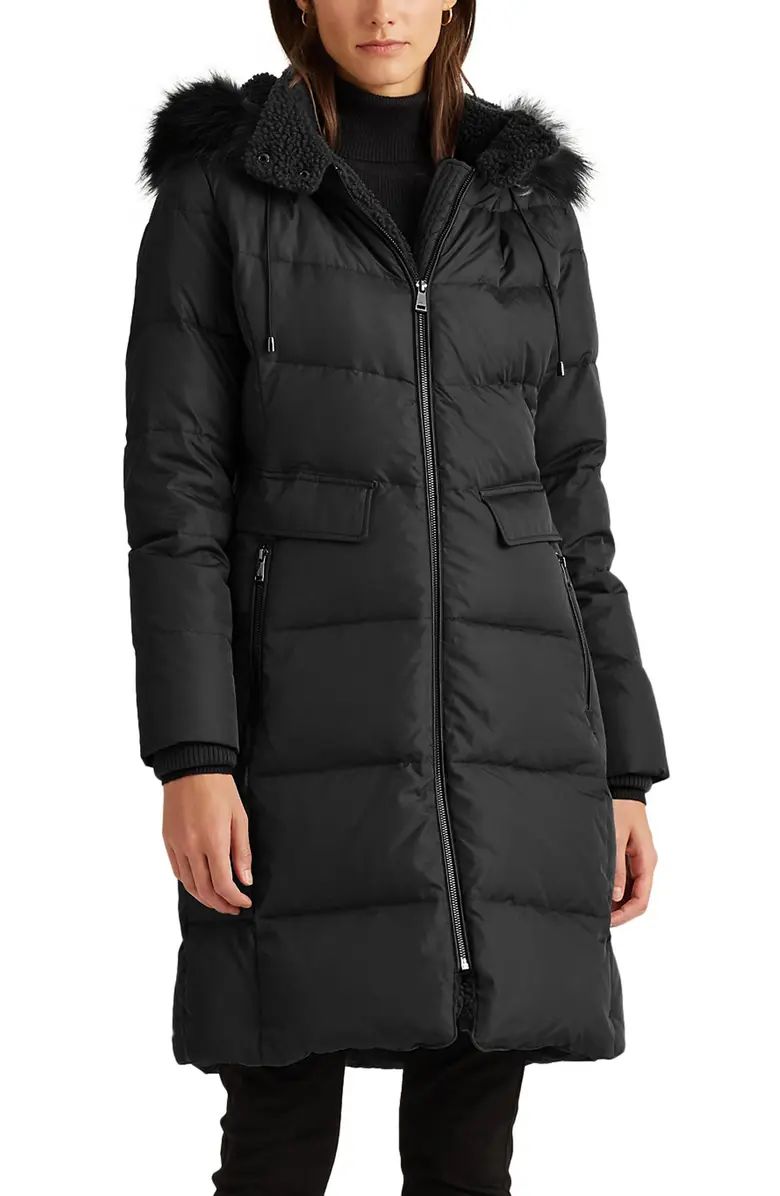 Faux Shearling & Faux Fur Trim Hooded Down Puffer Coat | Nordstrom