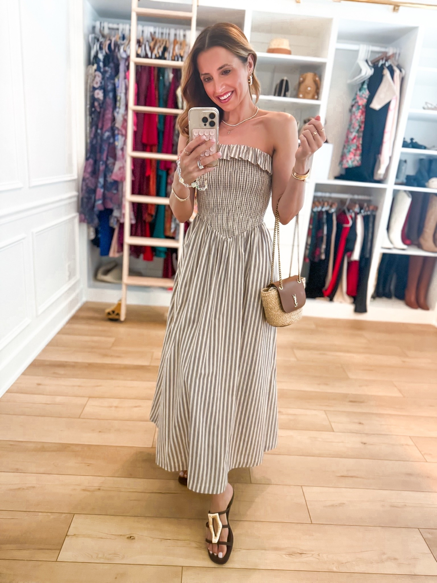 New striped dip waist midi from from Abercrombie in XXS petite. Elevated casual. Resort outfit. Resort wear. Vacation outfit. Vacation dress. Europe outfit. Resort dress. Summer dress. Summer outfit. Sandals are TTS. YSL raffia bag.

#LTKootd #LTKTravel #LTKPetite