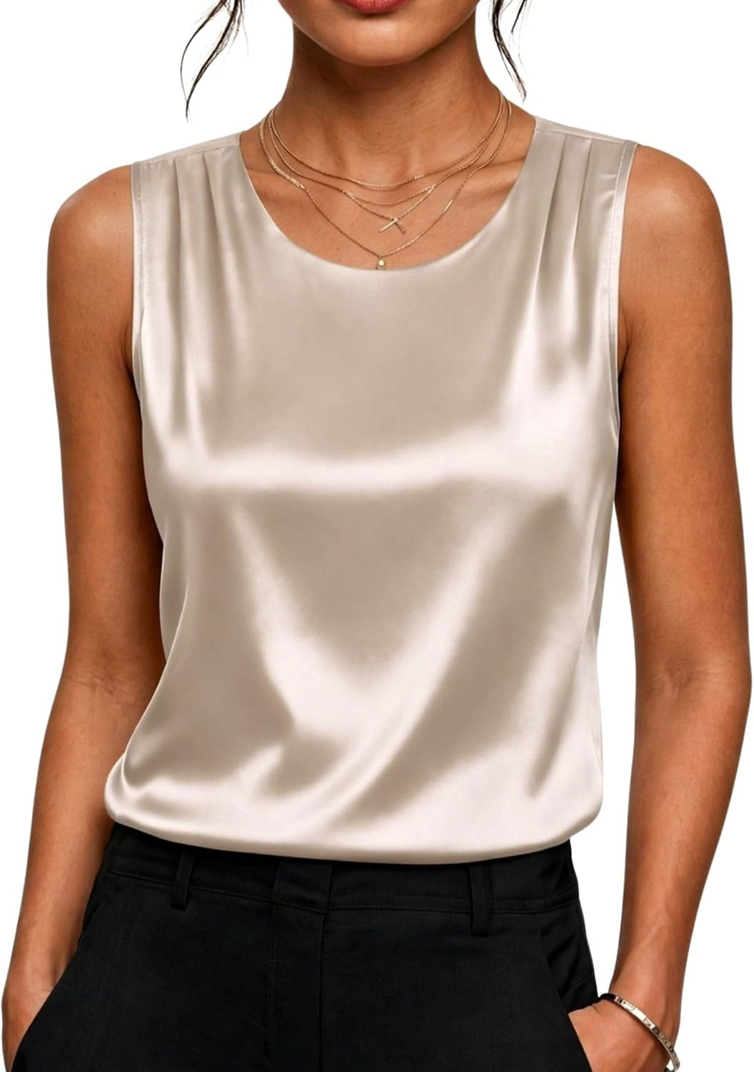 Zeagoo Womens Satin Tank Top Pleated Sleeveless Blouse Dressy Casual Tops | Amazon (US)
