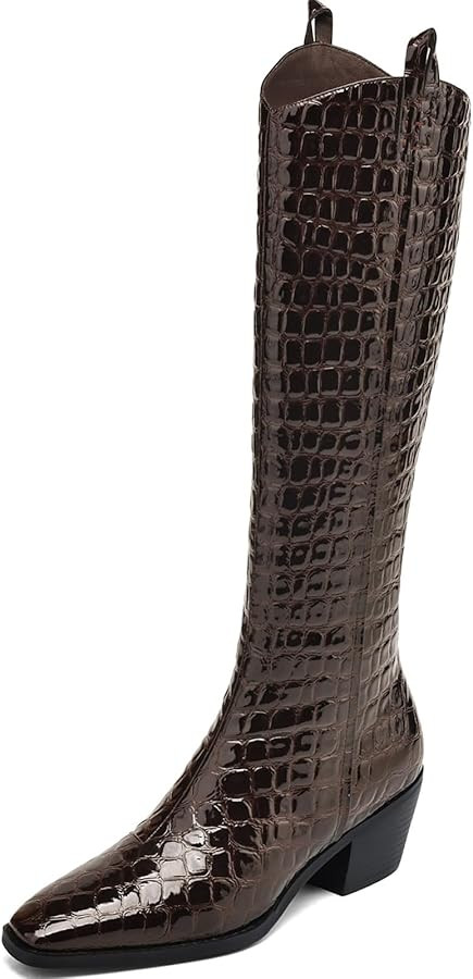 Riding Boots for Women Knee High Boots Chunky Crocodile Boots Low Heel Tall Boots Sexy Fall Boots... | Amazon (US)