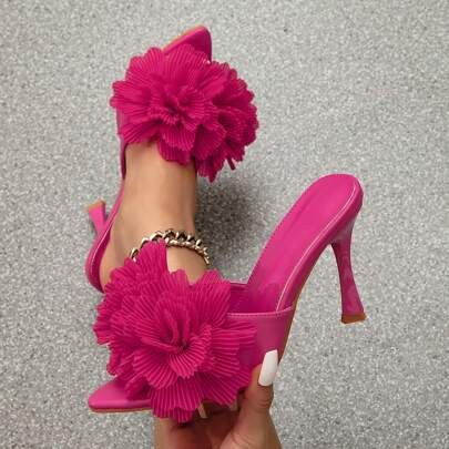 Fashionable Women's High-Heeled Hot Pink Sandals, Perfect For Spring/Summer Parties, Pointed Toe & Slim Heel With Anti-Slip Sole & Floral Embellishmen | SHEIN