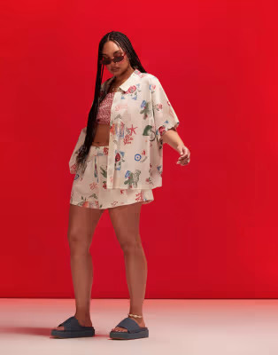 ASOS DESIGN Curve linen look co-ord in postcard print | ASOS (Global)