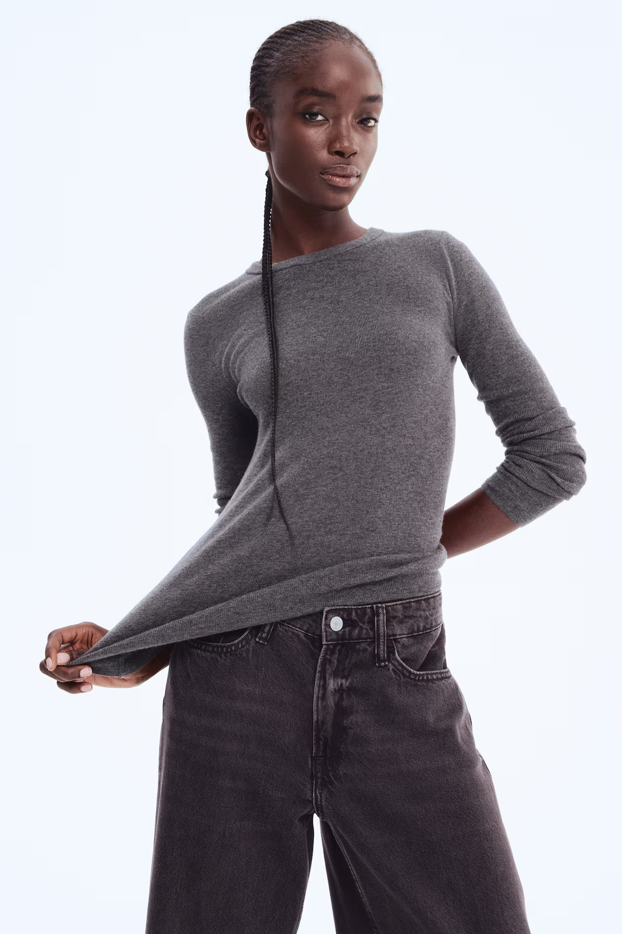 Fine-knit cashmere-blend top - Dark grey marl - Ladies | H&M GB | H&M (UK, MY, IN, SG, PH, TW, HK)
