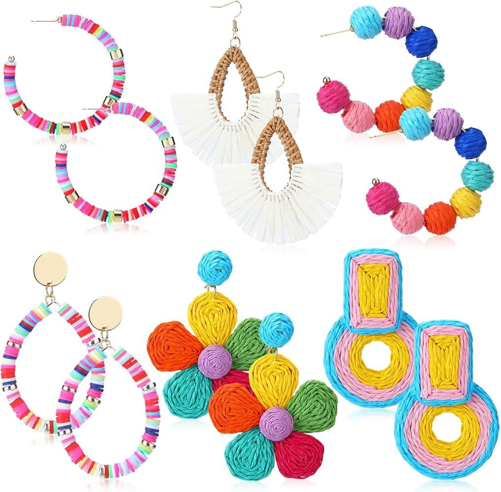 Kigeli 6 Pair Beach Raffia Earrings Summer Statement Rattan Earrings Heishi Drop Hoop for Women C... | Amazon (US)