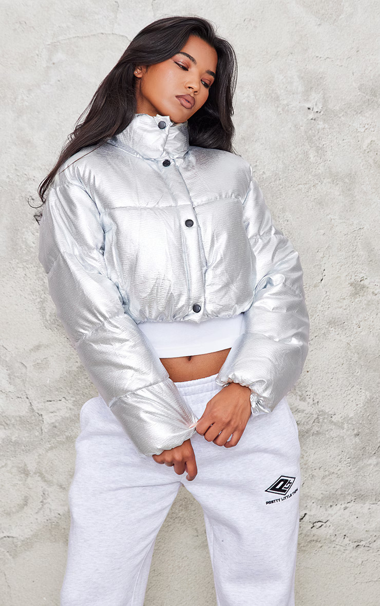 Silver Metallic Cropped Puffer Jacket | PrettyLittleThing US