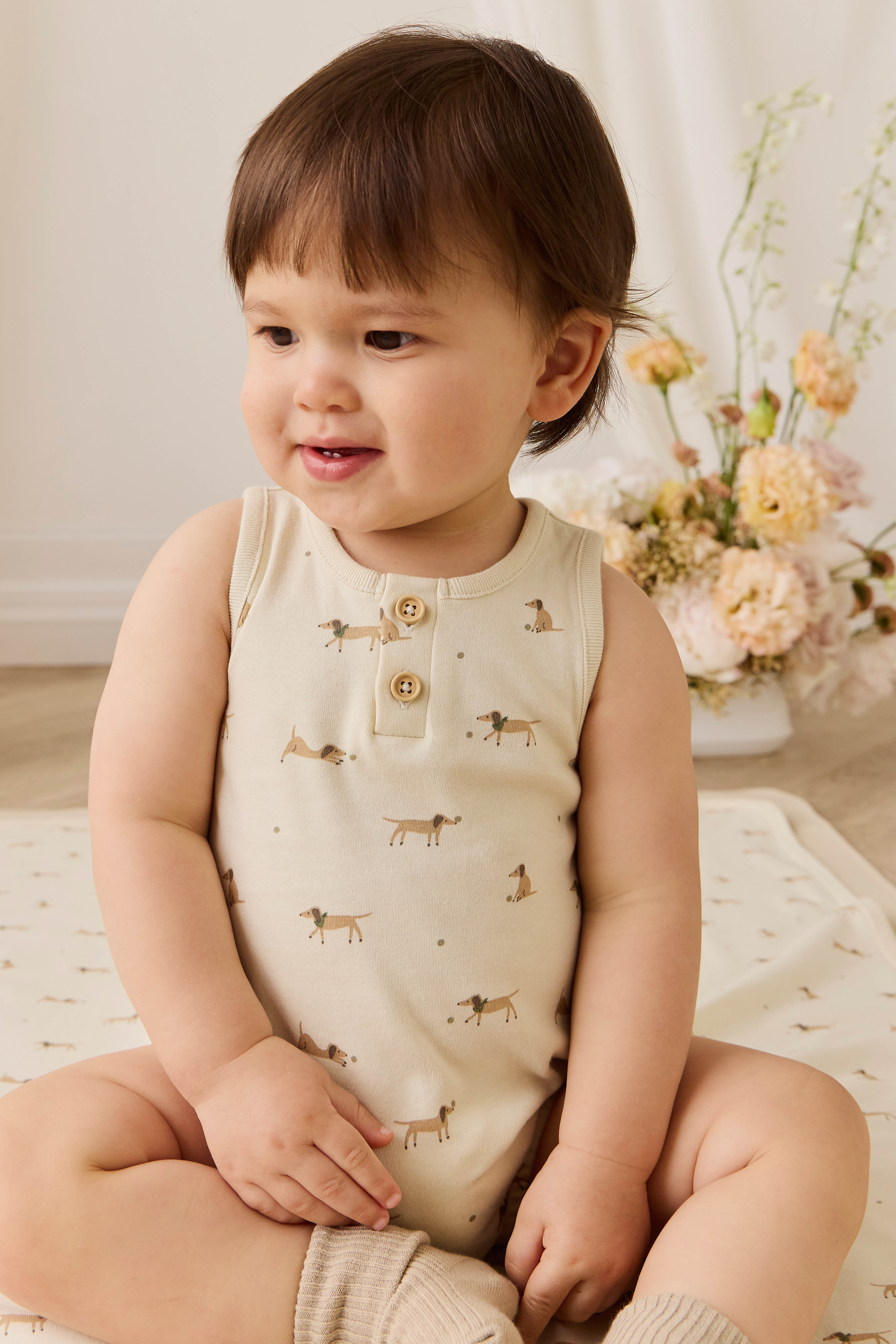 Organic Cotton Archie Playsuit - Play Ball Cassava | Jamie Kay